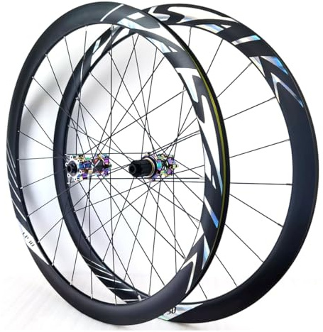 QUYCOIU Road 700C Cykelhjul Dubbelskiktade Fälgar Höjd 36 Mm Genomgående Axel 15 * 100/12 * 142 Mm Skivbroms 24H HG-nav För 7-12 Växlar Offroad-hjulset För Fram- Och Bakhjul(Colorful)