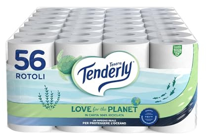 Tenderly Love for the Planet, 56 Rotoli di Carta Igienica (14 conf. da 4 rotoli), Cellulosa 100% Riciclata, Dermatologicamente Testato, Made in Italy