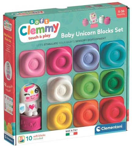 Clementoni Soft Clemmy - Baby Unicorn Blocks Set de 10 Briques Douces pour Enfants 6 + Mois, Personnage Fantaisie, Lavable et Non Toxique, développement sensoriel et manualité, fabriqué en Italie