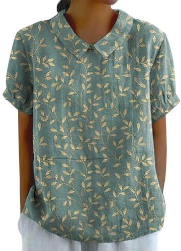 Maglietta Donna Manica Corta Lino Casual Estiva T-Shirt con Colletto A Revers Leggera Comoda Camicia Blusa Floreale Curvy Elegante Maglia Shirt Tops Vintage Classico Camicetta Moda Taglie Forti 2026