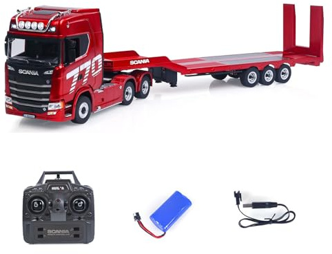 wheelfun 1/18 Tractor RC 770S con semirremolque de tres ejes modelo | Incluye batería, iluminación LED integrada y efectos de sonido realistas para aficionados a los camiones aficionados