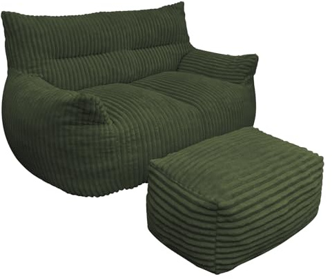 kowdom sittsäck XXL med pall grön – beanbag loungefåtölj med minnesskum, ergonomiskt, fluffigt överdrag, gaming saccosäck för vardagsrum och sovrum