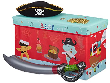Relaxdays Sitzbox Kinder, Faltbare Aufbewahrungsbox mit Stauraum, Deckel, Piratenmotiv, Jungen & Mädchen, 50 Liter, rot, 10025726_1177, Pirat