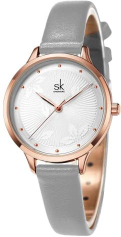 SHENGKE Uhren für Damen Quarzuhr für Damen wasserdichte Armbanduhr mit Lederband Grau