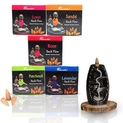 ARO VATIKA Natural Masala Pack 'B' Backflow Incense 50 Cones with 5 Assorted Fragrances of Patchouli, Sandal, Lavender, Rose, Lotus | Best for Prayer, Meditation & Relaxation | Burn time-16-18mins