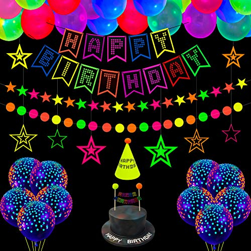 XJLANTTE 53 Stück Glow Neon Birthday Party Supplies - Neon Luftballons, Glow in the Dark Alles Gute zum Geburtstag Banner mit UV Schwarzlicht Reactive Cake Topper, Hüte