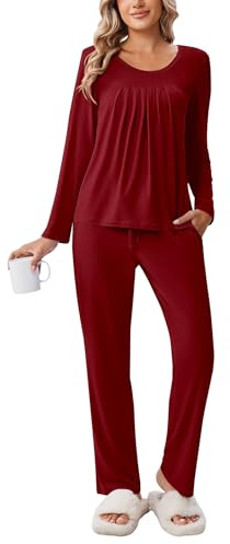 Ekouaer Pigiama Donna Invernale Cotone Caldo Pigiami Invernali Pigiama Due Pezzi Tasche con Coulisse Pigiami Tuta Lungo, Vino Rosso, L