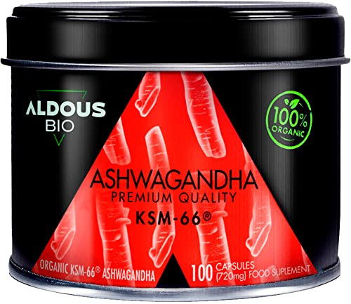 Bio Ashwagandha Kapseln KSM-66 ® 100% Rein - 100 Kapseln - Maximale Tagesdosis ohne Zusatzstoffe für 100 Tage - Stimmungsaufheller - Vegan - Plastikfrei - Zertifizierte Bio Qualität - ALDOUS