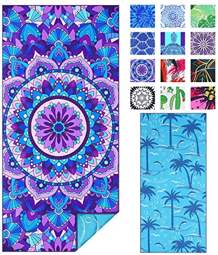 Microfibre Sand Free Beach Towel Fast Dry Super Absorbent Oversized Extra Large Thin Lightweight Towels Travel Pool Swimming Bath Camping Yoga Girls Women Mens Adults Blue Mandala Palm
