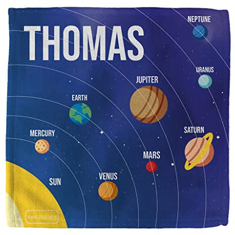MakeThisMine Personalised Children’s Kids Educational Custom Name Bath Face Cloth Flannel - 30 x 30 cm - Planets Solar System
