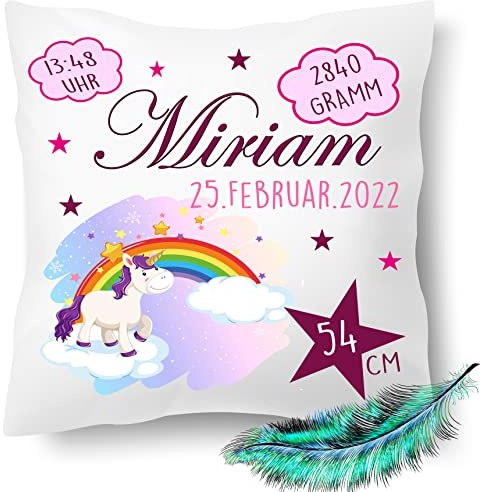 Personalisierbares Kissen zur Geburt, Geburtskissen mit Namen, Einhorn, Geschenk, bedrucktes Kissen | Dekokissen, Zierkissen | Kuschelkissen 40X40 bedruckt | Kissenbezug (ohne Kissenfüllung)