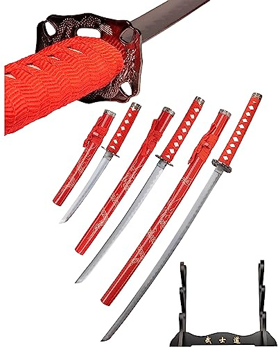 Red Dragon Sword Set - Spada Katana Vero Metallo Wakizashi, Tanto - Spada Samurai in Acciaio - Spade Samurai come Decorazione Anime - Spada Giapponese con Supporto per Spada HK1109