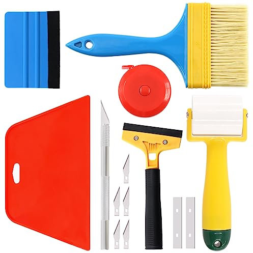Swpeet 14 pièces papier peint Smooth Tool Set, grattoir, couteau à graver avec lame, ruban à mesurer, rouleau de couture et pinceau adhésif pour coller papier peint sac de voiture vinyle vitre teintée
