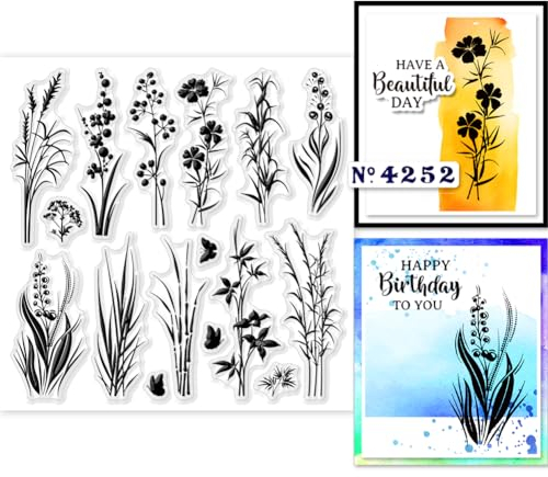 GLOBLELAND Pflanzen Silhouetten, Transparente Stempel, 5.91x5.91 inch, Wildblumen, Gras Silhouetten, Silikon Stempelsiegel, Natur Silhouette, Transparente Stempel Für DIY Scrapbooking, Karten
