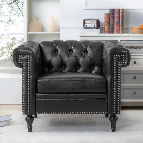 Chesterfield Sofa Chair Accent Chair, Modern Leather Upholstered Sofa Chair with Tufted Back for Living Room, Bedroom, Office, Apartment (Black)