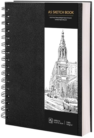 A5 Sketchbook, Spiral Hardcover Sketch Book, 160gsm Thick Paper Art Book, Drawing Pad for Sketching Art Projects, 60 Sheets / 120 Pages Sketch Pad A5 for Artists