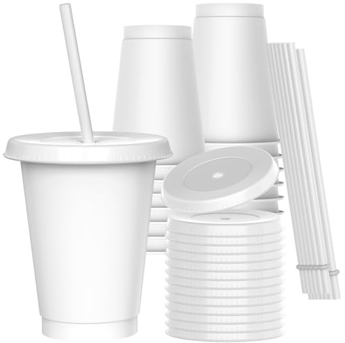 OZMOJOO 473 ml (16 Floz) Kunststoffbecher mit Deckel und Strohhalm (15 Stück) - Stabil & lebensmittelecht, wiederverwendbare Trinkbecher für Eiskaffee, Milchshakes, Smoothies - Weiß