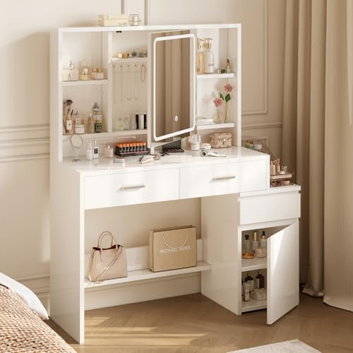 Devoko Schminktisch mit LED-Beleuchtung,Spiegel mit Beleuchtung, einstellbare Helligkeit, Frisiertisch mit Spiegel, Kosmetiktisch mit Schubladen,verstellbaren Ablagen,weiß, 117x40x140cm