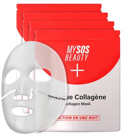 Pack de 4 Masques Bio-Collagène My SOS Beauty - 4 x 40g Masques Visage au Collagène Marin & Acide Hyaluronique - Hydratation Intense, Resserre les pores et traite les rides