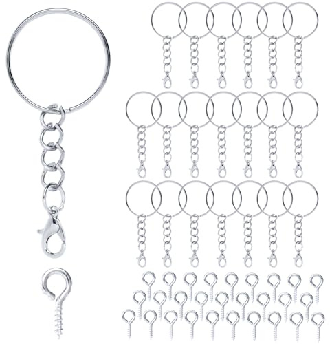 Portachiavi con catena, chiusura a moschettone, 70 pezzi, set di 35 portachiavi, 35 pin, anelli portachiavi da 25 mm, per chiavi, fai da te, gioielli argentati