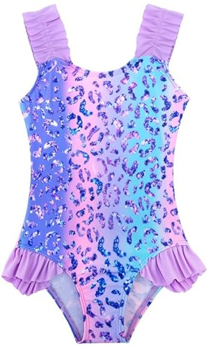 XiaoMoSha Girls Swimming Costume with Ruffle Straps Cute Stretchy Beach Swimwear Quick Dry Bathing Suit for Kids, DiamondLeopard, 5-6 Years