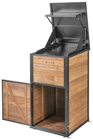 MEDEHOO Package Delivery Box with Anti-Theft Lock & Weatherproof Design - 40+ Gallon Large Outdoor Parcel Drop Box for Porch, Metal/Wood Frame for UPS/FedEx Deliveries