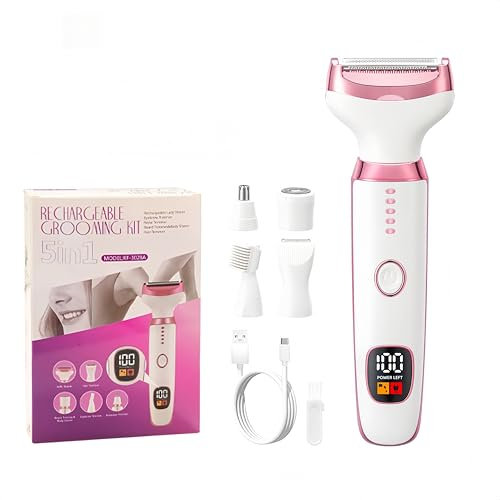 Electric Lady Shaver for Women, Wet & Dry 5-in-1 Bikini Trimmer and Facial Hair Remover for Women – for Face, Nose, Eyebrows, Arms, Underarms, Legs & Bikini Line – Painless Grooming Kit