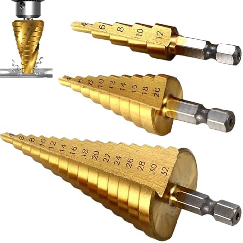 3 Pcs Large HSS Steel Step Cone Drill Bit Set - Titanium Coated, Heavy-Duty, High-Speed Steel, Ideal for Drilling Metal, Wood, Plastic, and More