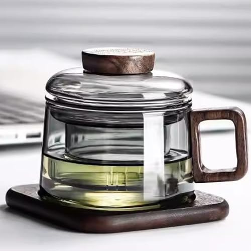 JanYoo Glas Teetasse mit Deckel und Sieb,200ml Nussbaumholz Losen Teebecher Teeglas Teebecher aus Borosilikat Glas Tasse mit Holzuntersetzern,Grau