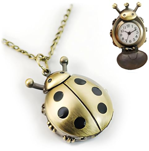 Retro Beetle Pocket Watch - Golden Quartz Necklace Ladybug Shape Design, Charm Chain Pendant Gifts for Women Men Girls (Gold)