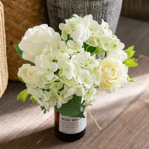 KARLOR Konstgjorda blommor set vit, konstgjord bukett rosor hortensior vita konstgjorda blommor som riktiga buketter bröllop vårblommor dekoration blomarrangemang sidenblommor dekoration