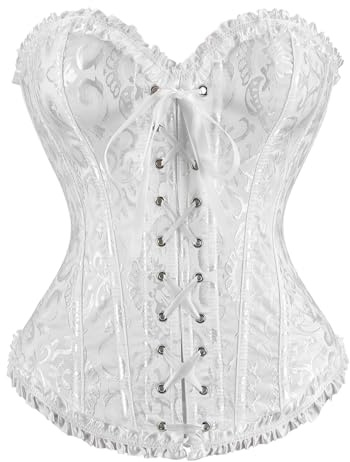LEACOOLKEY Corpetto Corsetto per Donna con Lacci e Stecche Bustier Floreale Overbust per Costume Halloween,Bianco,S