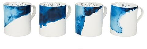 Rick Stein Coves of Cornwall - 4 Piece Bone China Mug Set - Perfect for Coffee, Tea and Other hot Drinks Featuring Beautiful Designs Inspired by The Land and Seascape of Cornwall