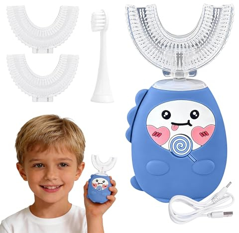 Brosse à dents électrique pour enfants, brosse à dents automatique à ultrasons à 360°, 5 modes de vitesse, étanchéité IPX7, batterie longue durée, pour les tout-petits de 2 à 12 ans (bleu)