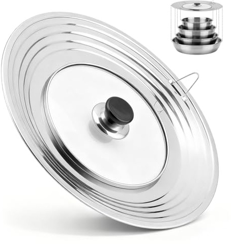 Coperchio Universale per Padelle 28 cm, Coperchio Padella 28/30/32 cm, in Vetro Temperato con Manico in Silicone Resistente al Calore, Bordo Graduato in Acciaio Inox per Pentole e Wok