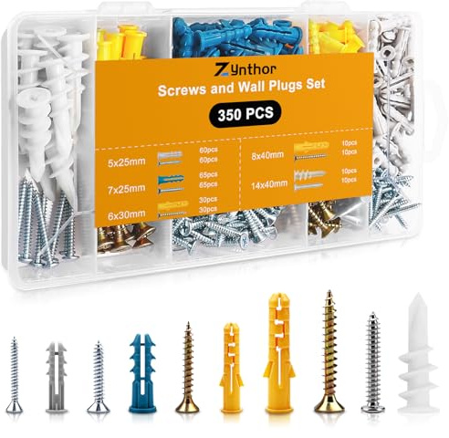 Zynthor 350Pcs Screws and Wall Plugs Set, Wall Plugs and Screws, Raw Plug Assorted and Plasterboard Screw, Plasterboard Fixings for Brick Concrete Drywall