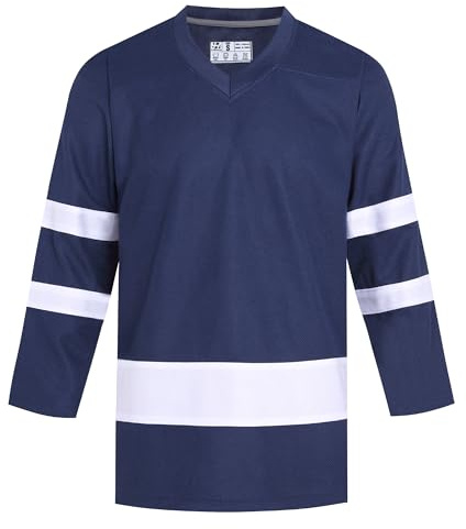 Pullonsy Blank Christmas Hockey Jersey for Men Women Boys Girls Practice Team Game Shirts Sports Uniforms Long Sleeve Tops Navy Blue Jersey-White Stripe, Men Size Large