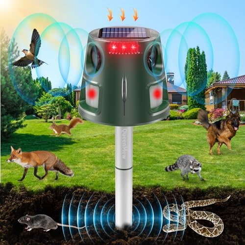 Repellente per Gatti, 360° Repellente per Animali ad Energia Solare con Sensore di Movimento e Luce Lampeggiante, 5 Modalità Ultrasuoni Repellente per Topi Uccello Puzzola Scoiattolo Procione Coniglio