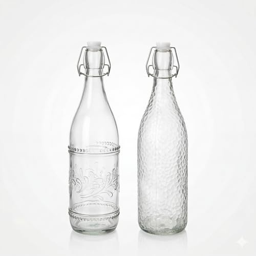 Bottiglie Decorative in Vetro con Chiusura Ermetica a Scatto, Set da 2, Design Floreale e Martellato, 9x31cm e 8x31cm, per Acqua e Bevande