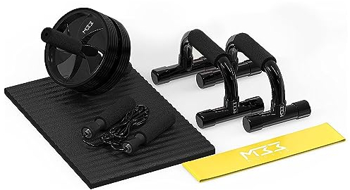 Gym Kit Equipment - Abs Roller Wheel Workout Set with Knee Pad, Push Up Handles, Skipping Rope and Resistance Band - Boost Core Strength, Enhance Fitness, Ideal for Home Workouts & Abdominal Training