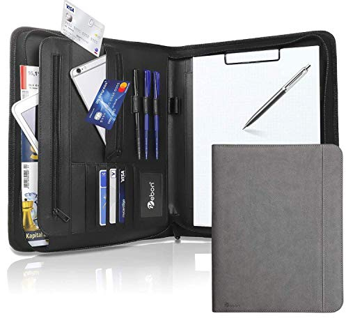 Vebon® Schreibmappe A4 groß New York I Veganes Leder, Reißverschluss + Klemmbrett I Konferenzmappe + Laptoptasche I extra Stauraum I Grau
