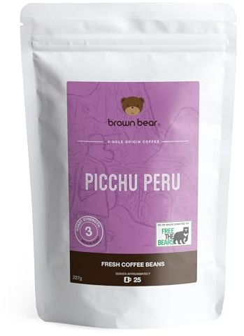 Picchu Peru Peruvian Medium Roast Coffee Beans 227g - Suitable For All Machines - Strength 3 - Brown Bear Coffee - Donation to Free The Bears - 100% Arabica