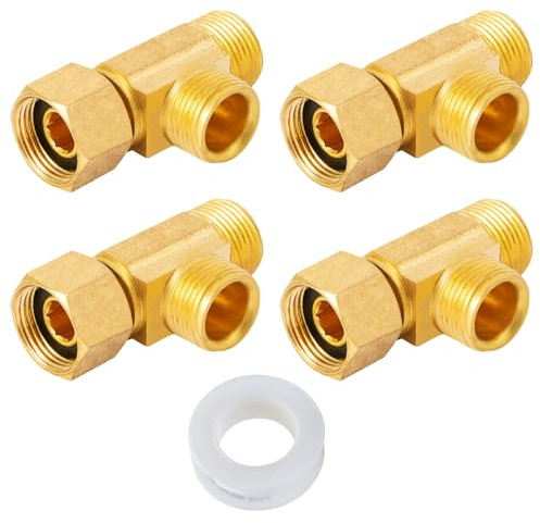 SUNGATOR Lead-Free Brass Angle Stop Add-A-Tee Valve, 3/8 Inch Compression Inlet x 3/8 Outlet x 3/8 Outlet Compression Tee Valve, No Lead Brass with a Sealing Tape (4 Pack)