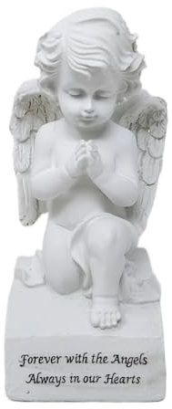Praying Angel Memorial Ornament Cherub – White Kneeling Angel Figurine with Wings and Sentiment Base, Resin Stone Effect Decoration for Graveside, Garden or Home Remembrance Display – 16 × 8 cm
