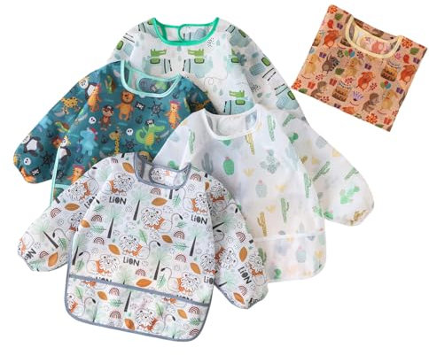 HaimoBurg Lätzchen mit Ärmeln, 5 Stück Baby Lätzchen, Wasserdicht Ärmellätzchen Abwaschbar für Baby 3-30 Monate