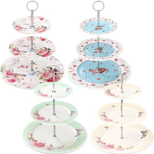 Dandat 4 Pcs 3 Tier Cake Stand Floral Ceramic Afternoon Serving Tray Porcelain Dessert Stand 6 8 10 Cake Stand 3 Tier Serving Platter for Tea Party, Wedding and Birthday, 4 Colors