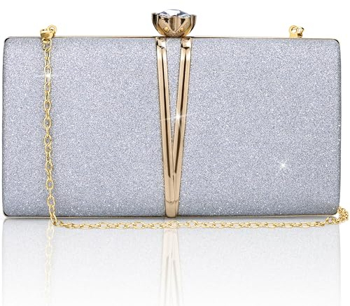 Farcauo Clutch dam kvällsväska dam liten axelväska med avtagbar kedja crossbody väska glitter aftonväska, silver handväska dam, 22 cm