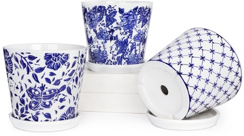 Oairse Set of 3 Ceramic Plant Pots 15cm Small Flower Pots with Saucers, Drainage Hole, Blue and White Plant Pot Indoor/Outdoor Decorative Planter for Succulents, Herbs, Cactus, Snake Plant