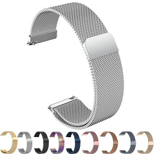 ZLZKJS Edelstahl Mesh Uhrenarmband, 14mm 16mm 18mm 20mm 22mm 24mm Magnetverschluss Smartwatch Schnellverschluss Metall Ersatz Armband für Damen Herren Watch Uhren Ersatzband (Silber, 22mm)