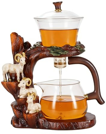 Fire Kirin Set di teiera in vetro con infusore, set da tè semi automatico, con attrazione pigra kungfu rotante (capra, teiera)